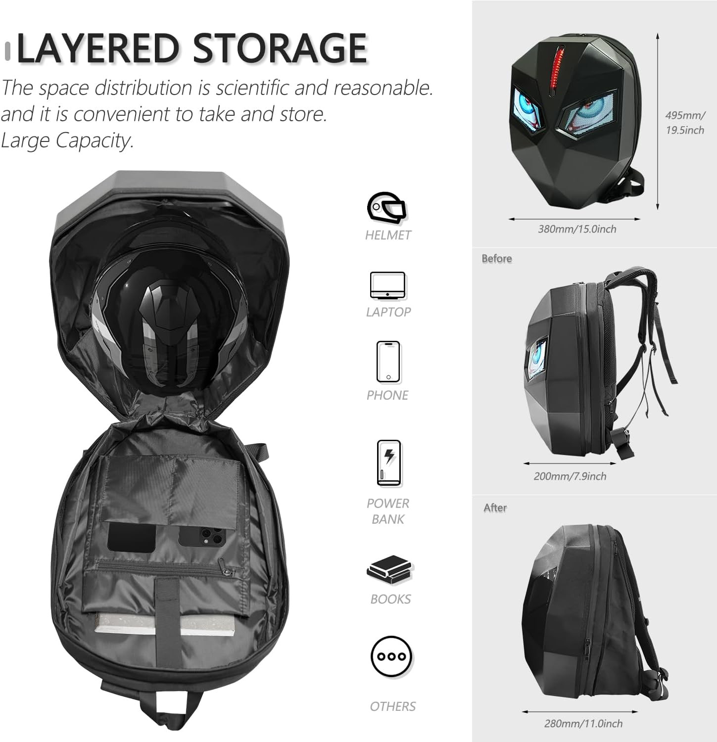 Motorcycle Backpack for Men, LED Backpack with DIY Programmable Full Color Scree