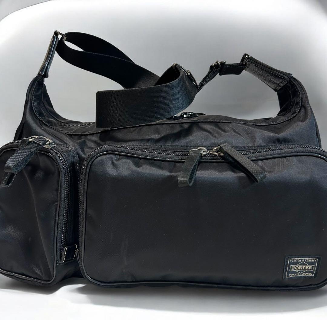 PORTER Plan Nylon Shoulder Bag Black Men Zip Woven Yoshida Kaban 35x20x14cm