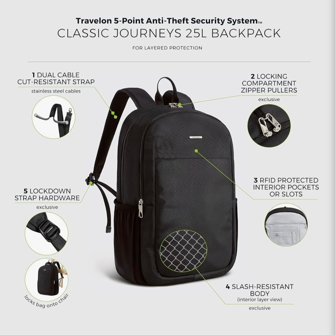 Travelon Classic Journeys 25L Backpack, Anti-Theft Bag, 13”W x 19”H x 8”D
