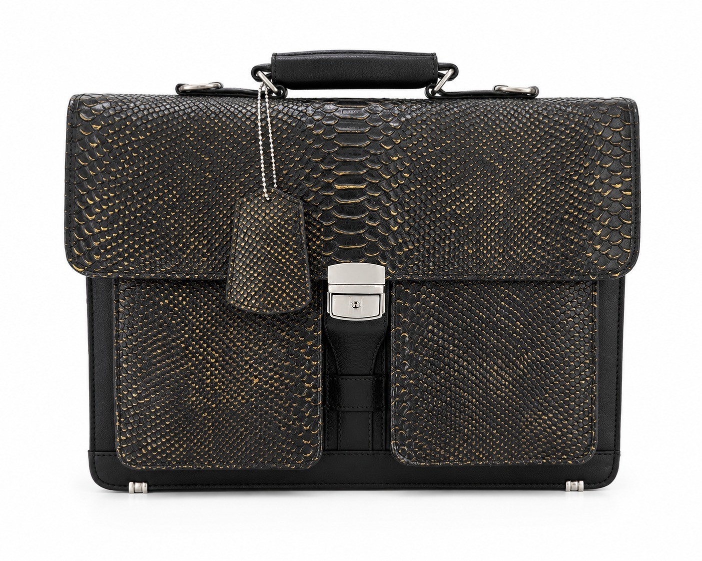 Black Gold Snake Print Genuine Leather Briefcase Push Lock Handmade Attache New