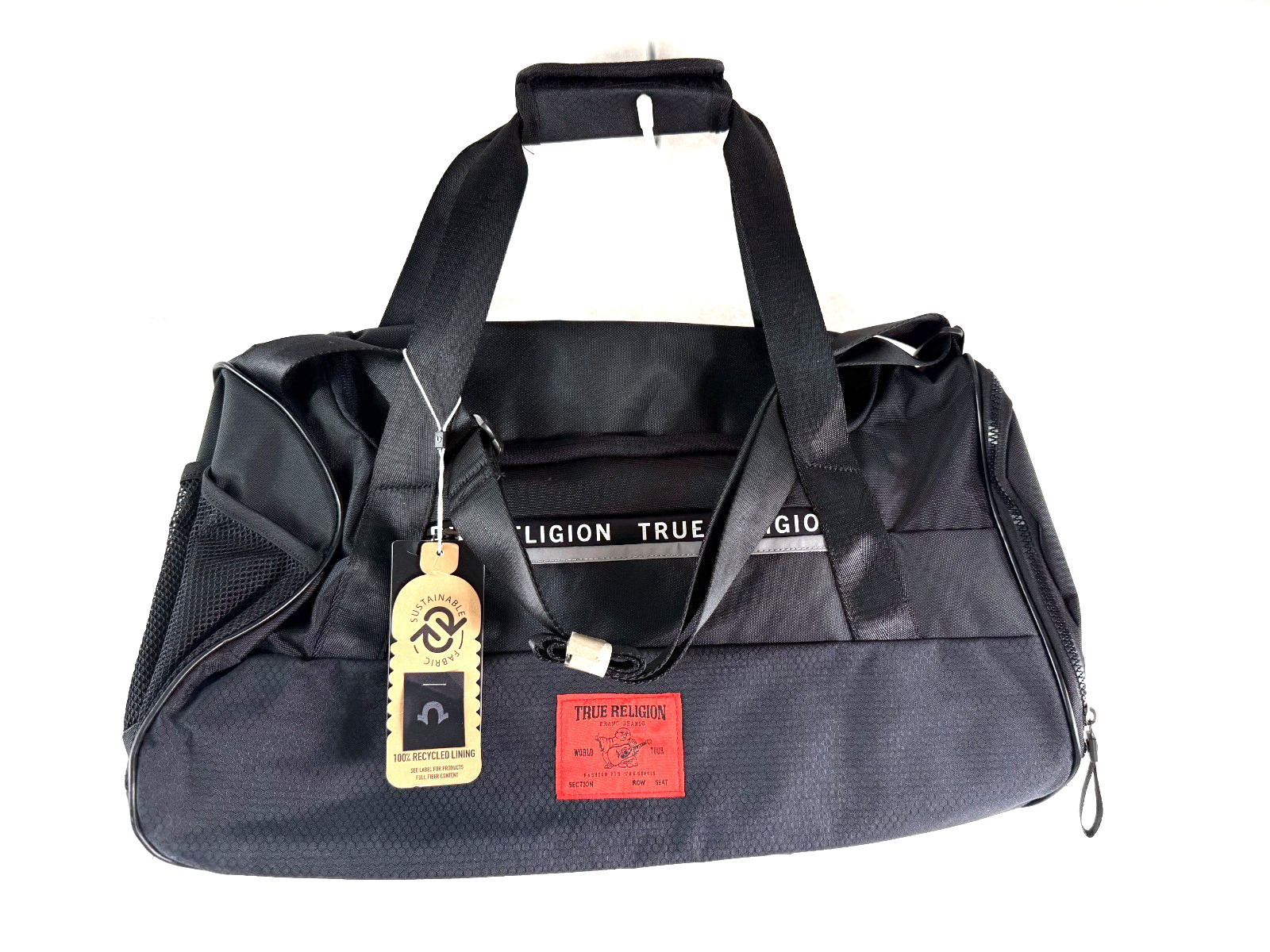 True Religion Duffel Gym Bag Black Red Logo Patch & Recycled Lining TR101809