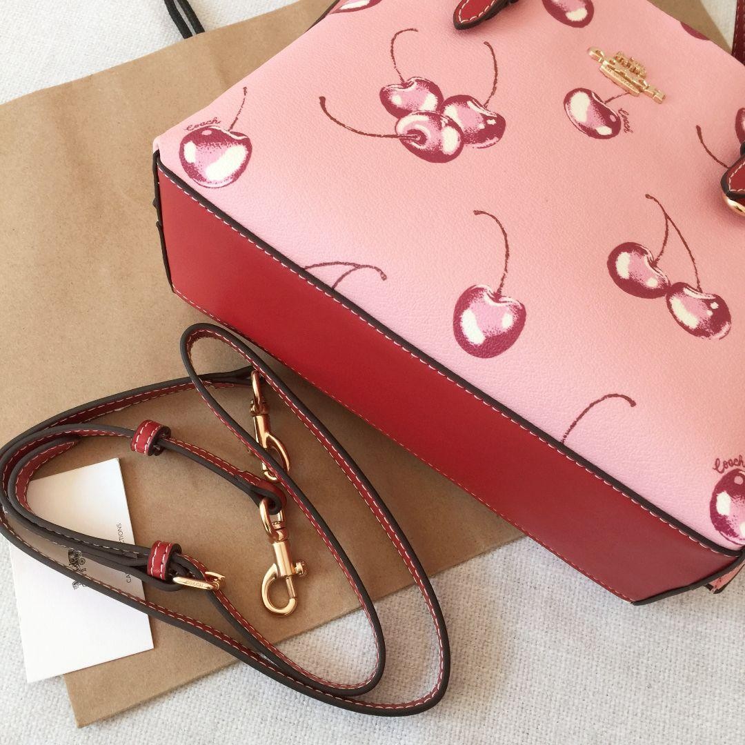 COACH CR293 Mollie Tote 25 2way Shoulder Bag Canvas Leather Cherry Pink Outlet