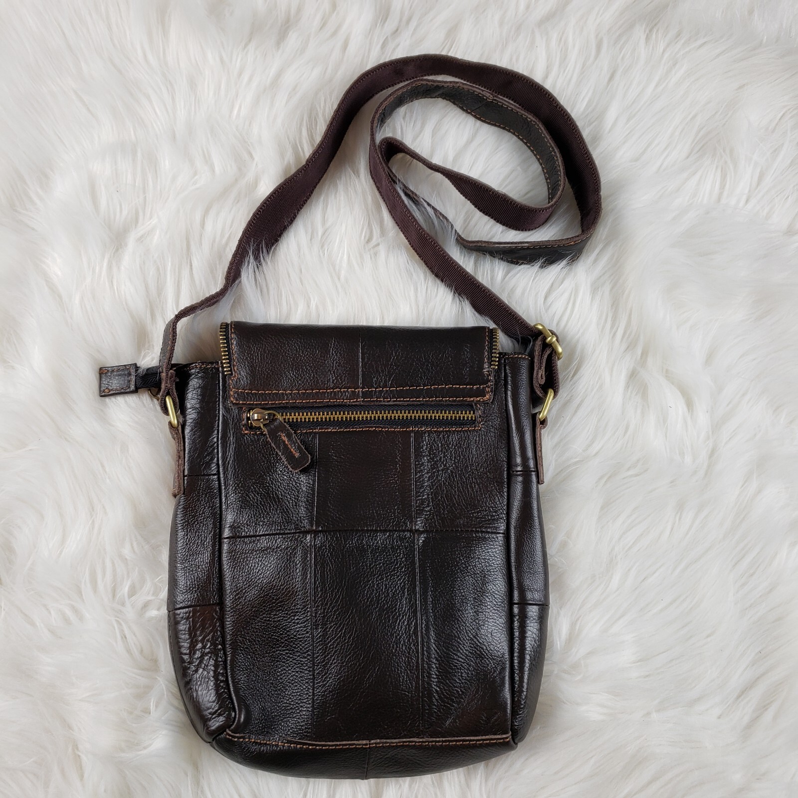 Brown Pebbled Leather Vertical Crossbody Bag Flap Front Snap and Zip Closure EUC