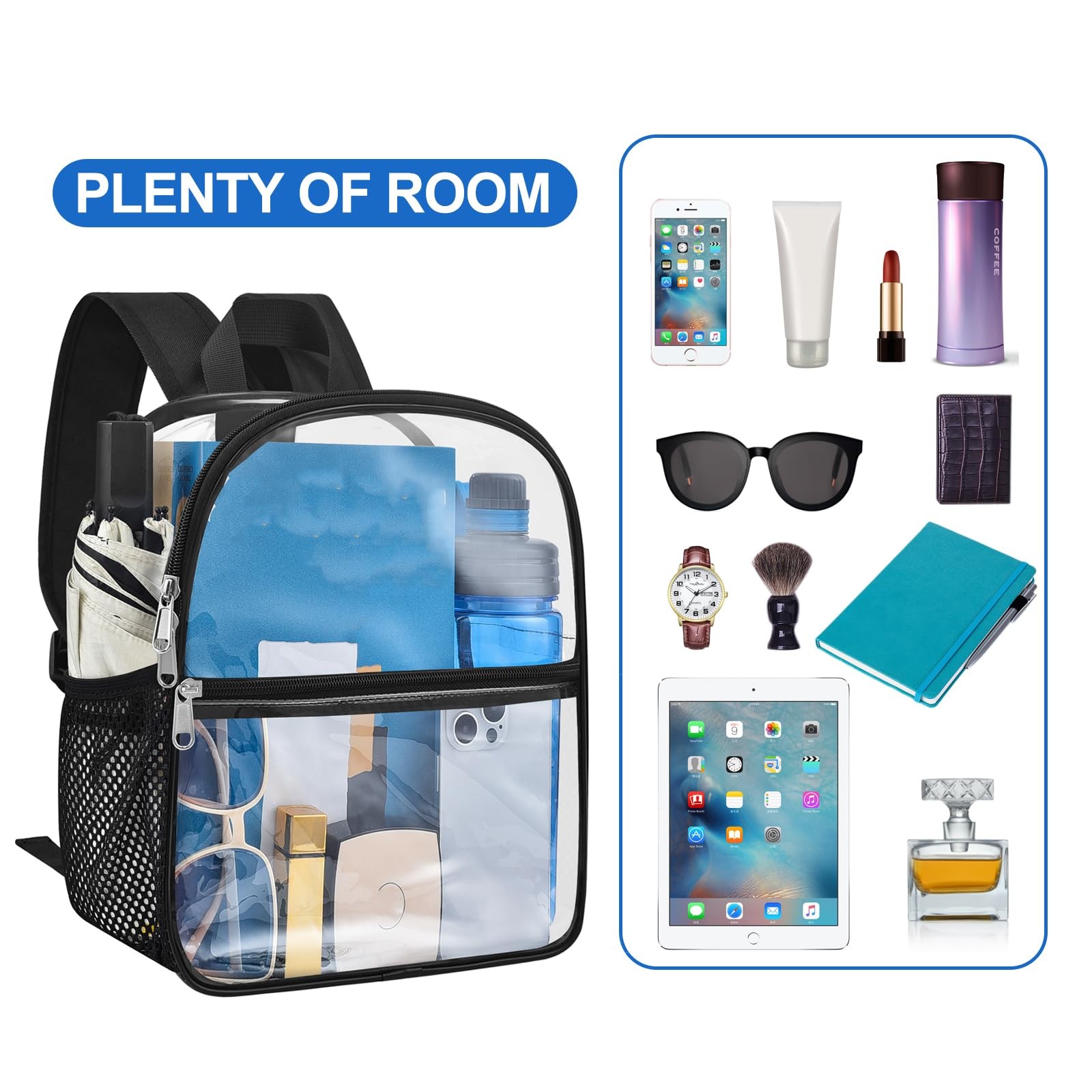Clear Backpack Stadium Approved, 12 x 6 x 11 in, Small Transparent Backpack f…