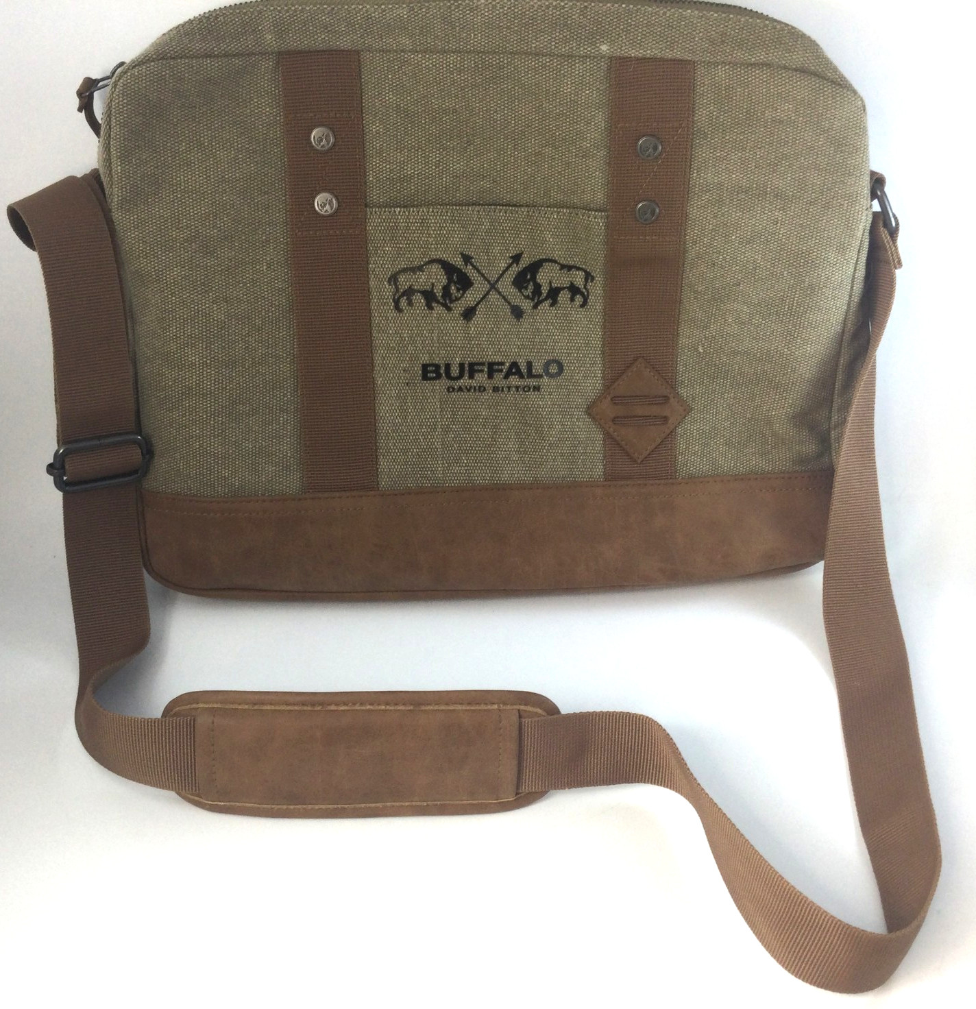 David Bitton Messenger Laptop Bag Canvas Polyester Faux Leather Buffalo Logo