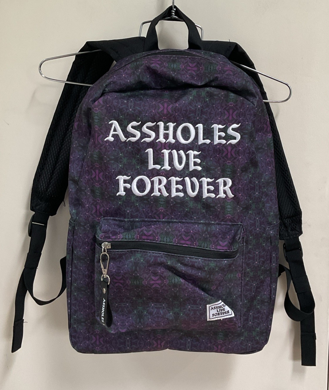 NEW Embroidered A$$HOLES LIVE FOREVER Purple Green Backpack Zippered School Bag