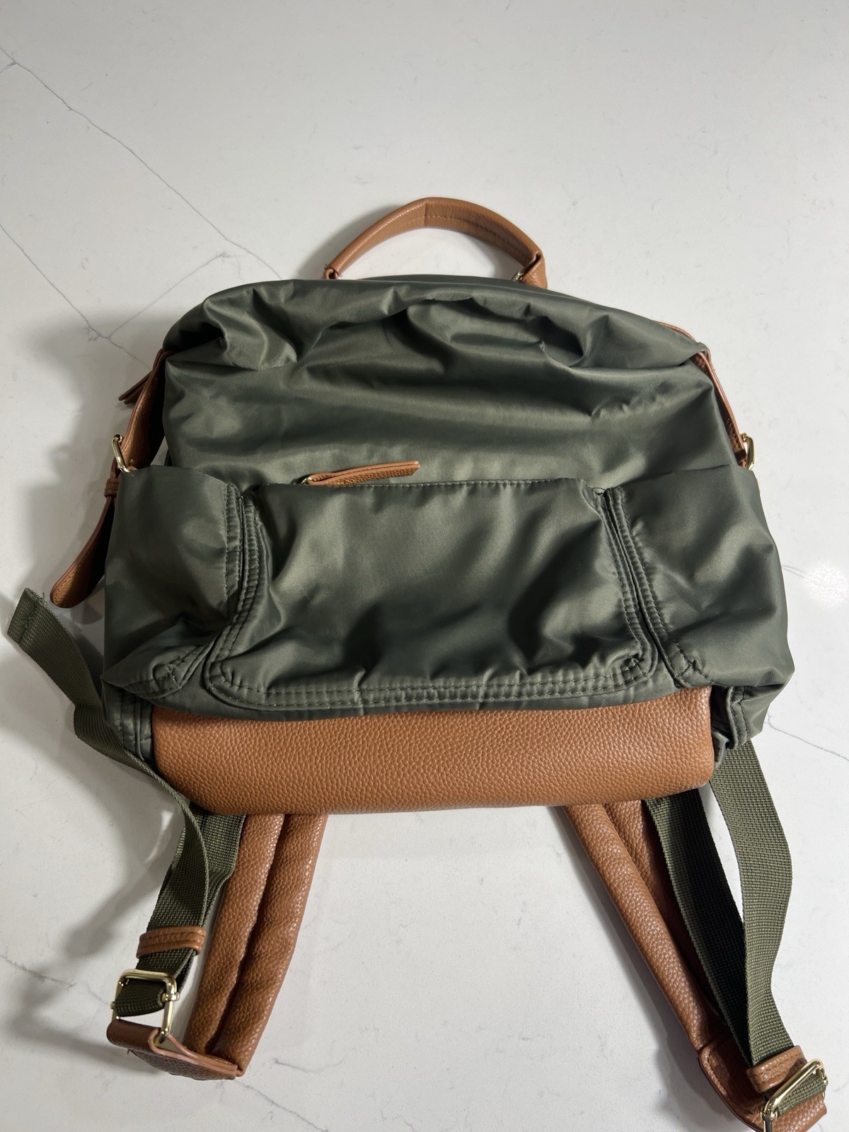 Tommy Bahama Olive Green Brown Leather Trim Backpack Travel Bag Vintage Style