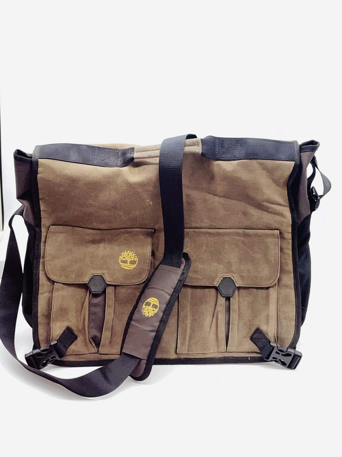 Timberland Brown/Black Canvas Large Messenger Bag Men Adjustable Shoulder Strap