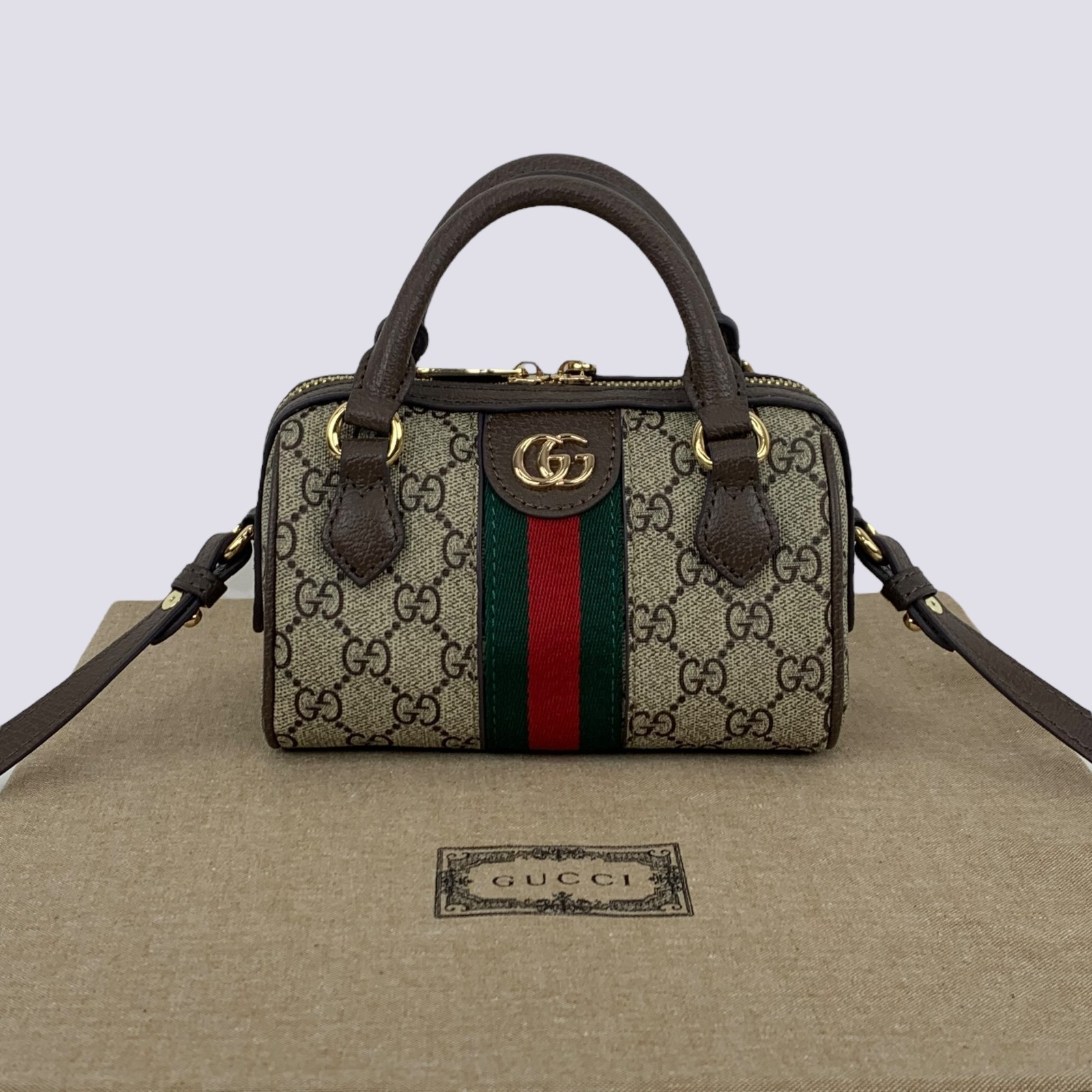 Gucci GG Monogram Logo Ophidia Top Handle & Shoulder Super Mini Bag Beige 781490
