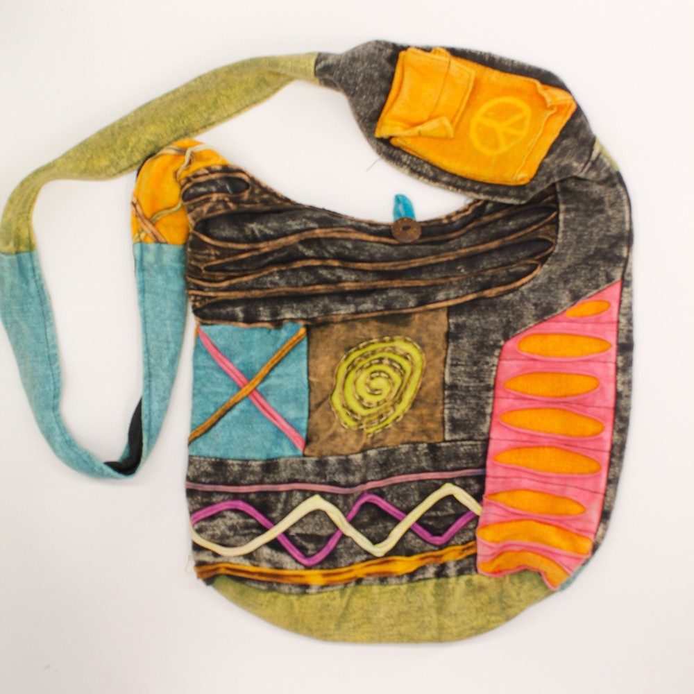 tie-dye patchwork shoulder bag zip interior pocket Himalayan handcraft cotton