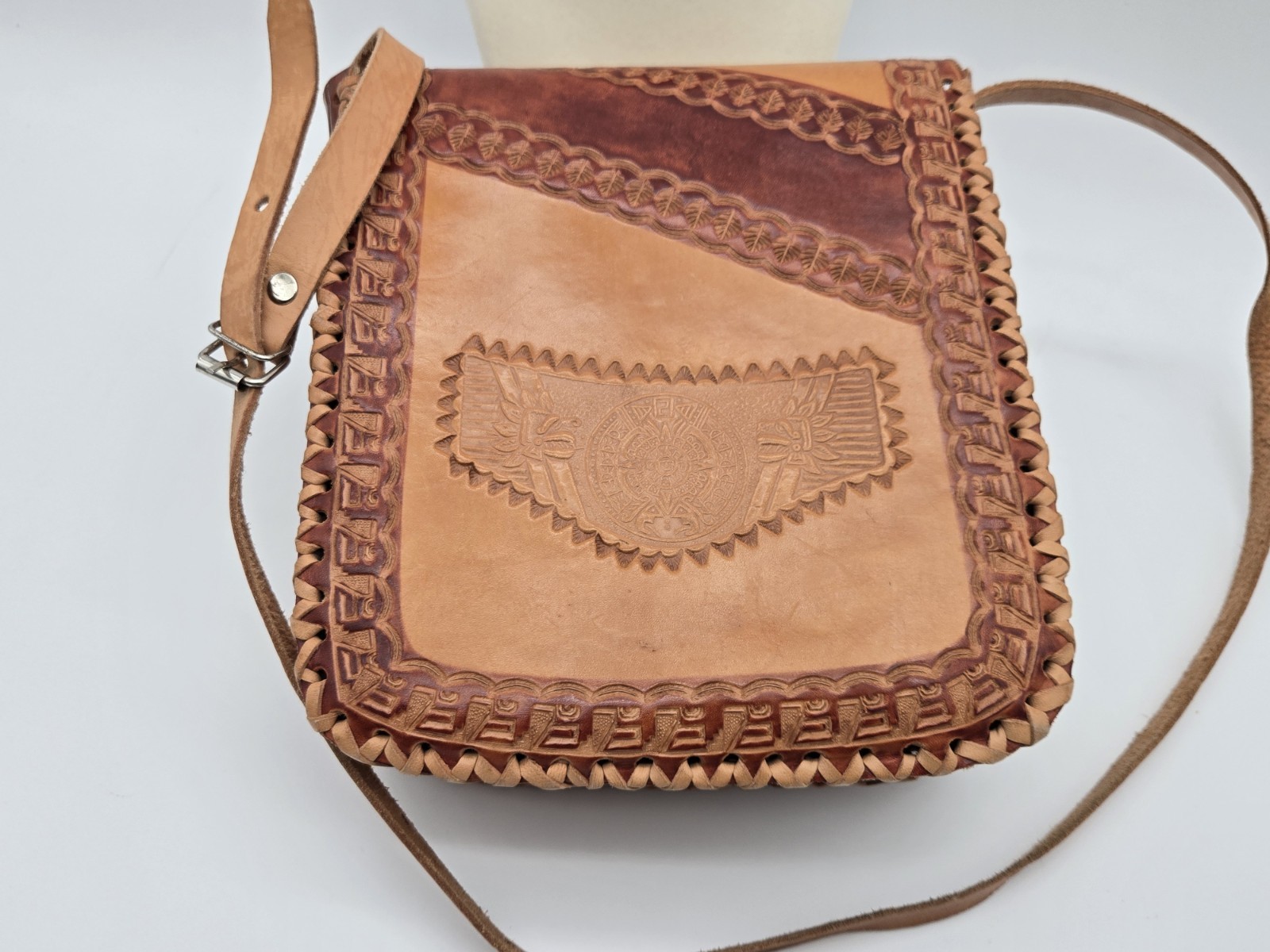 Leather Shoulder Bag Light Brown Embossed Crossbody Rustic Handmade