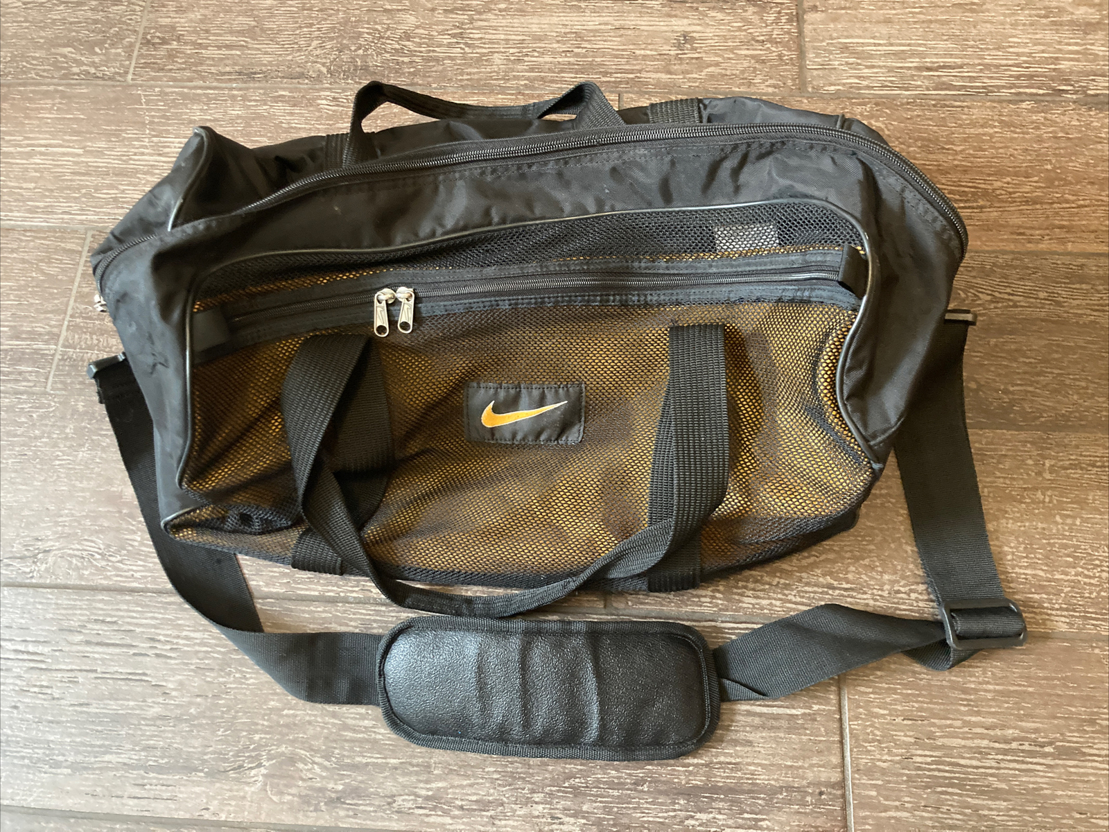 Vintage Nike Duffel Bag Black 90’s Gym Bag Sports Nylon Yellow Swoosh