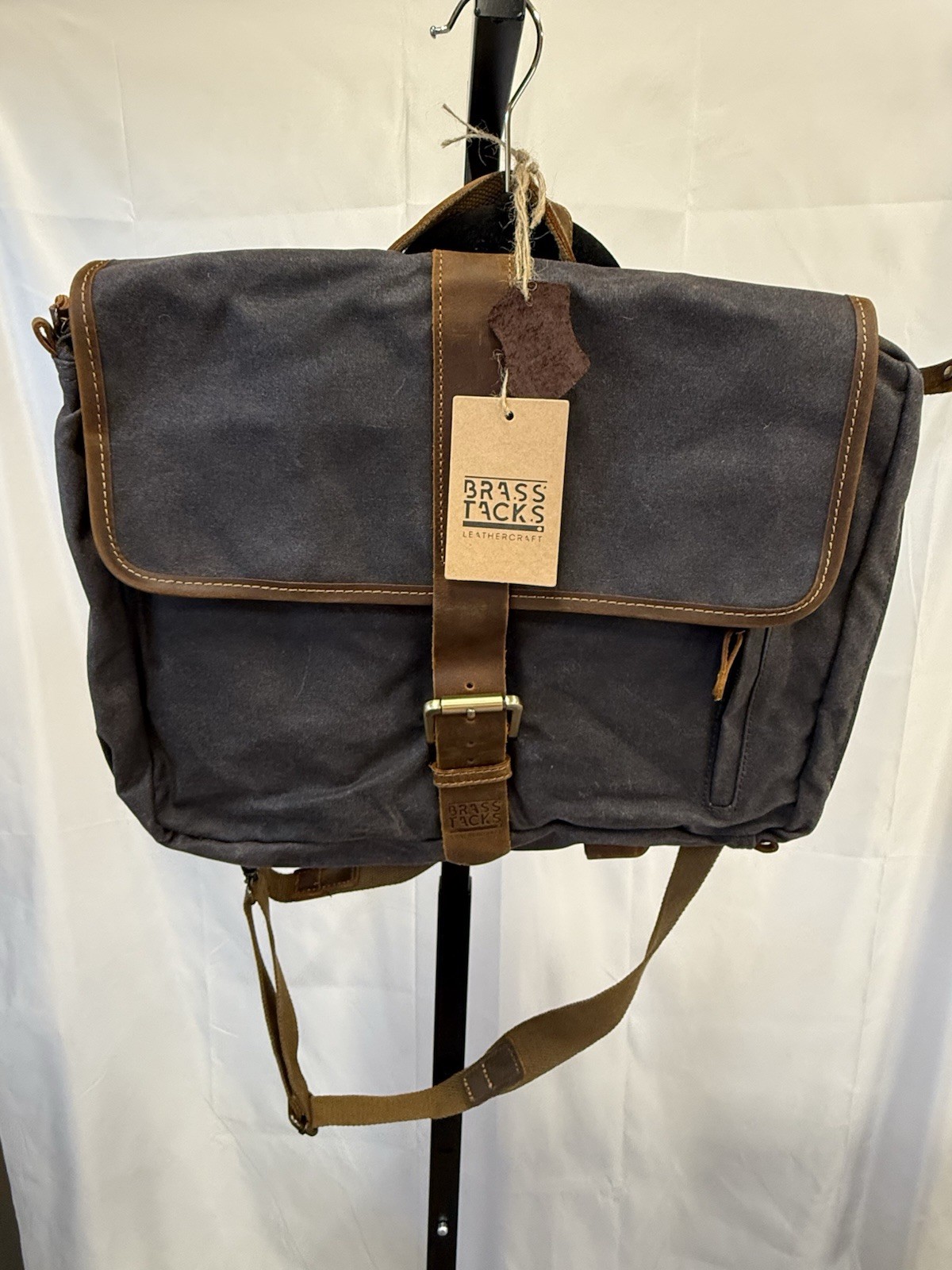Brass Tacks LeatherCraft Messenger Bag backpack Grey NWT Waxed Canvas Leather