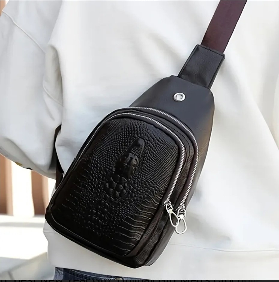 Men’s Leather Crocodile Pattern Chest Bag Sling Backpack Crossbody Travel Bag