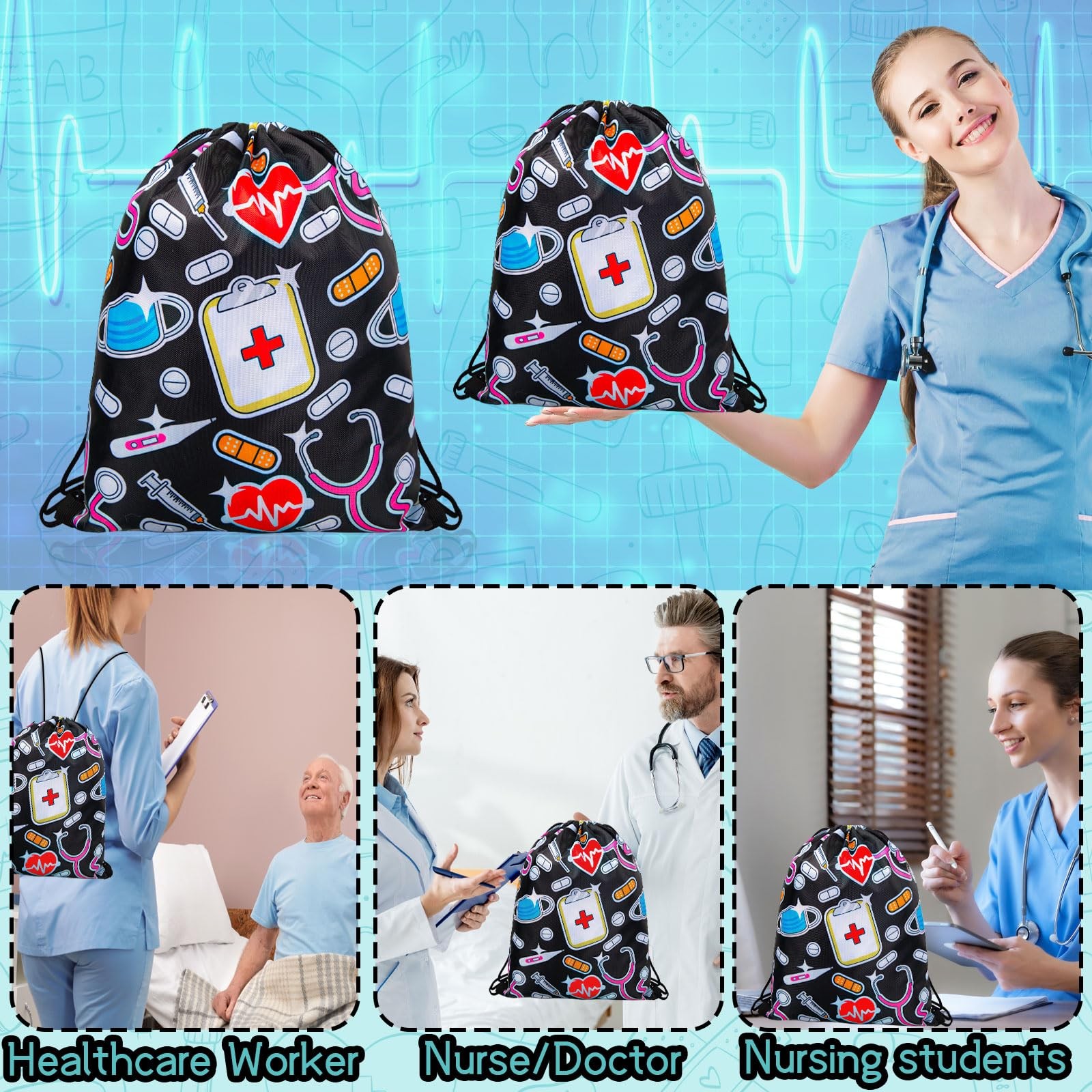 24 Pcs Nurse Drawstring Backpack Nurse Themed Pattern Shoulder Bags Funny Nur…