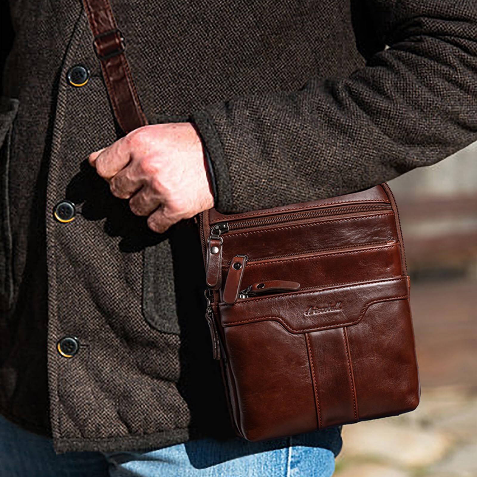 Leather Messenger Bag for Men, Small Leather Sling Shoulder Bag Messenger Pack