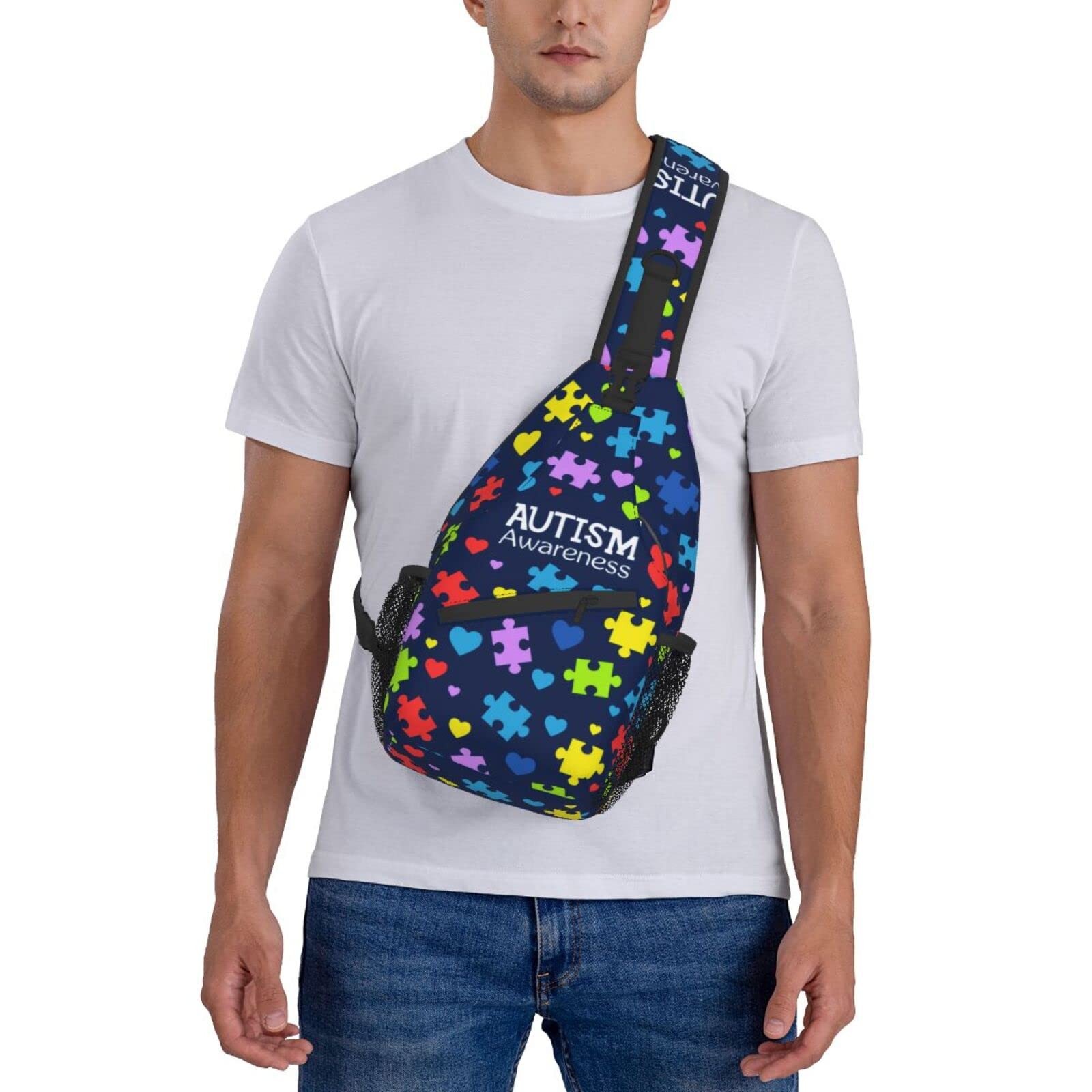 Autism Pattern Sling Backpack Travel Hiking Daypack Autism Awareness Crossbod…