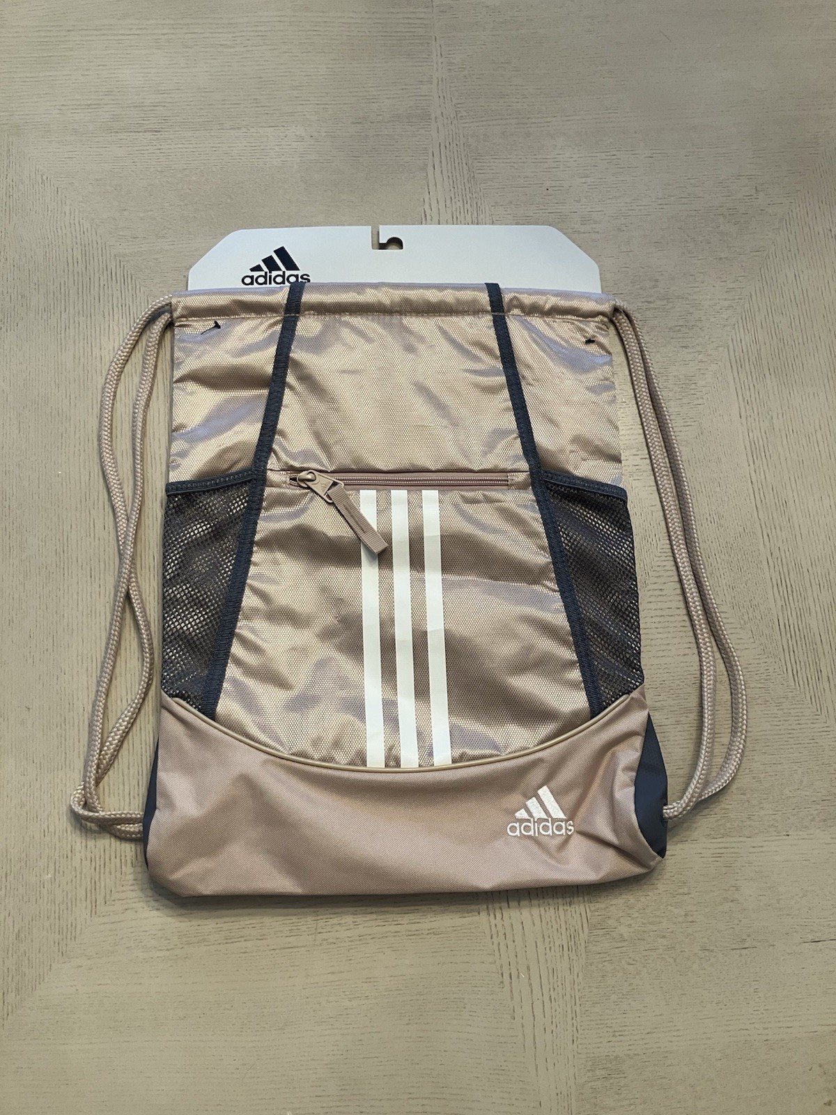 Adidas Beige and Black Drawstring Backpack with Pockets NEW
