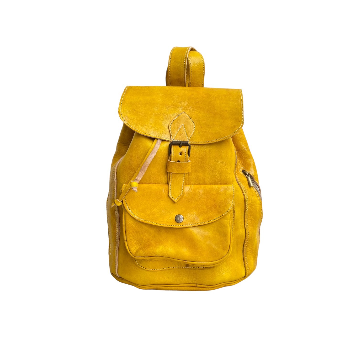 Yellow Leather Backpack Handmade Morocco Button Closure Back Zip Pocket