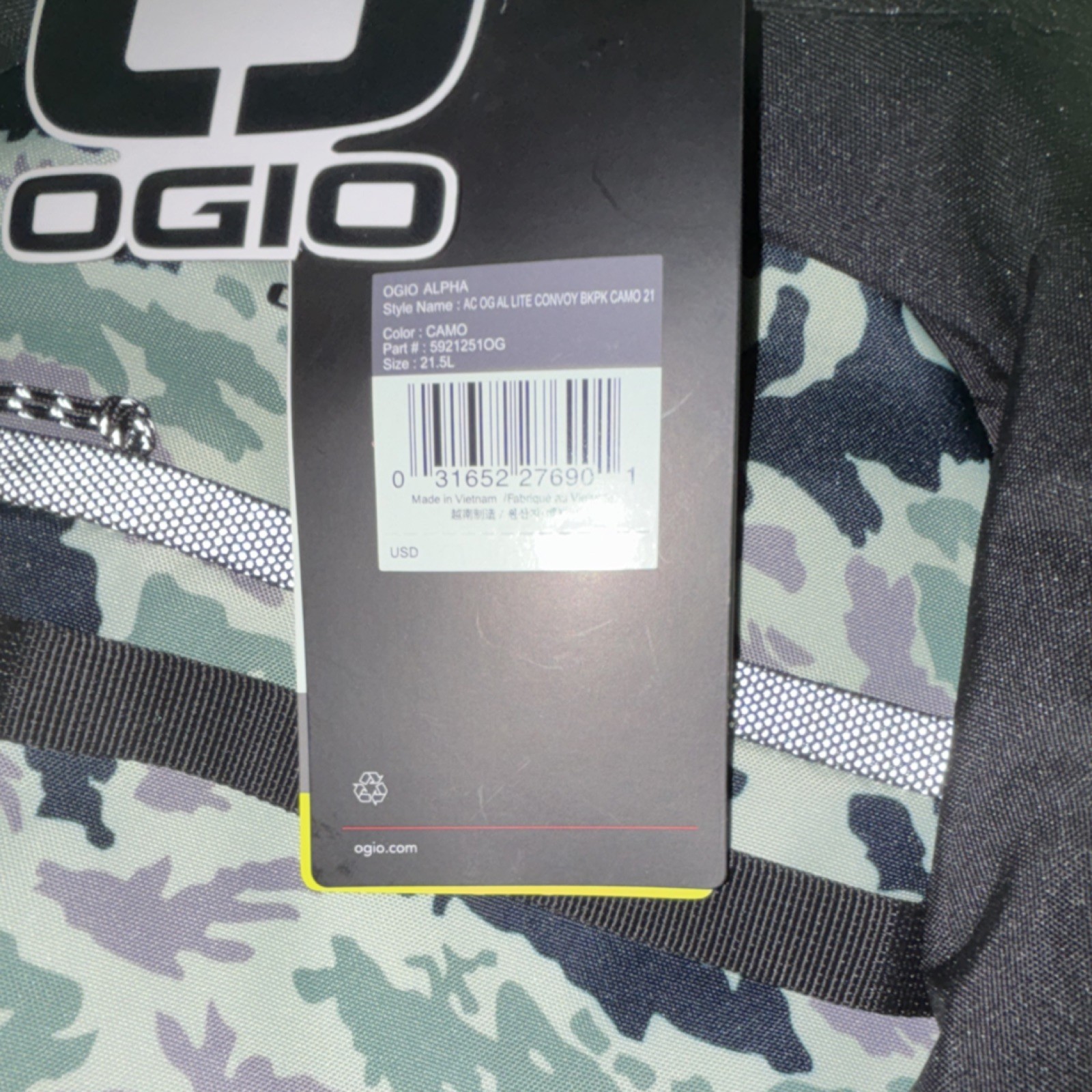 OGIO Alpha Backpack Camouflage Black Green Purple Zip Closure Men 21.5L