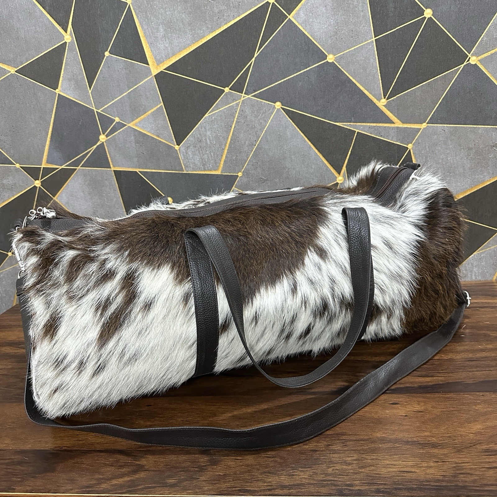 Real Cowhide Duffle Bag, Cowhide Duffle Weekender Black & White Travel Bag Gift