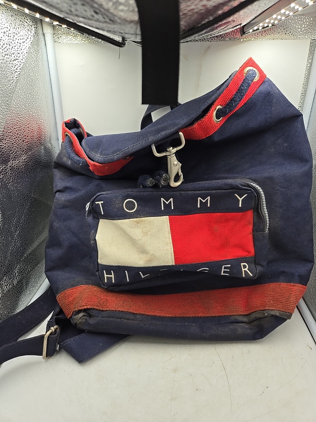 Vintage 90s Tommy Hilfiger Drawstring Backpack Bag Tote Flag Spellout Bold Vtg