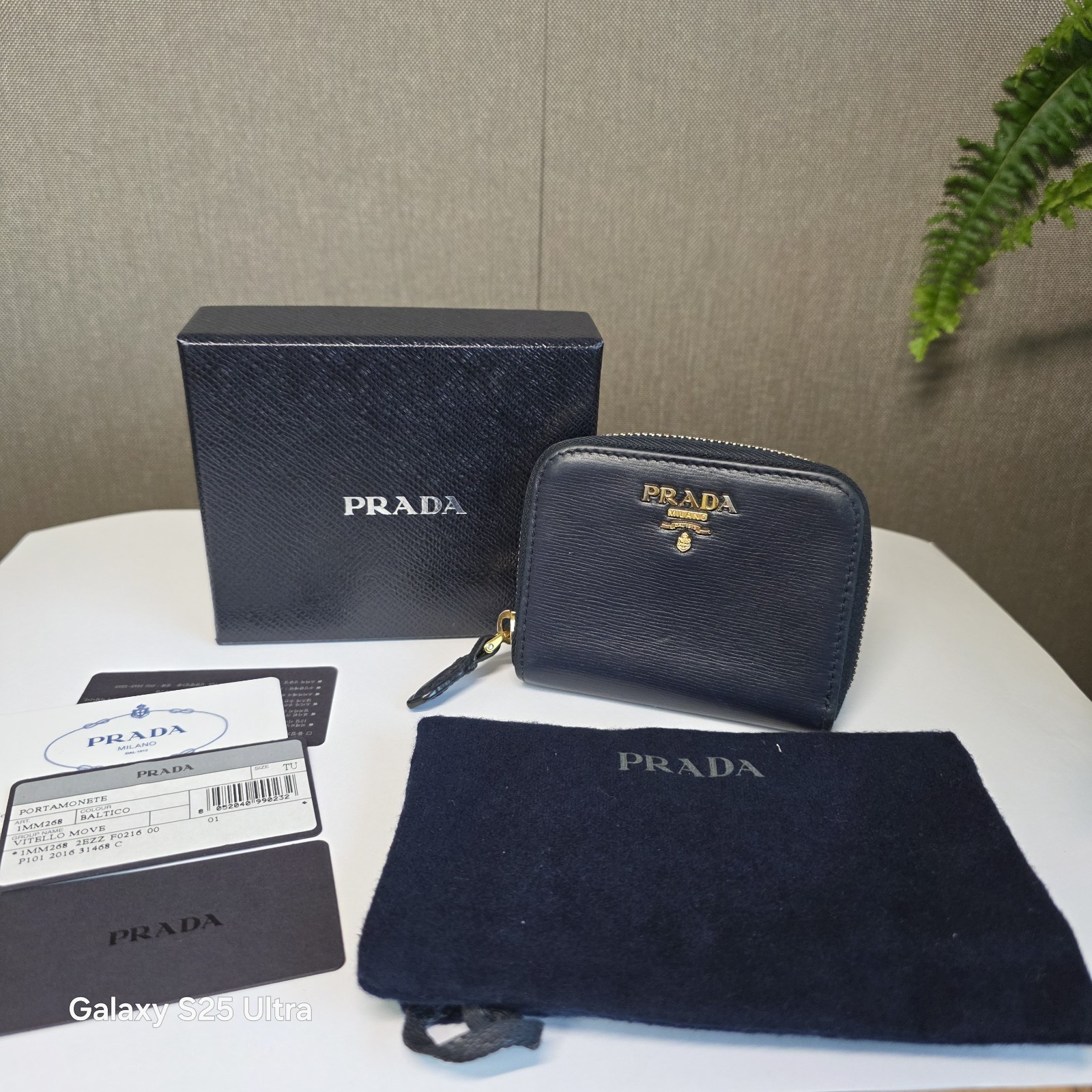 Prada Vitello Move Zip Coin Purse Wallet 1MM268 Baltico Navy Gold HW Full Set