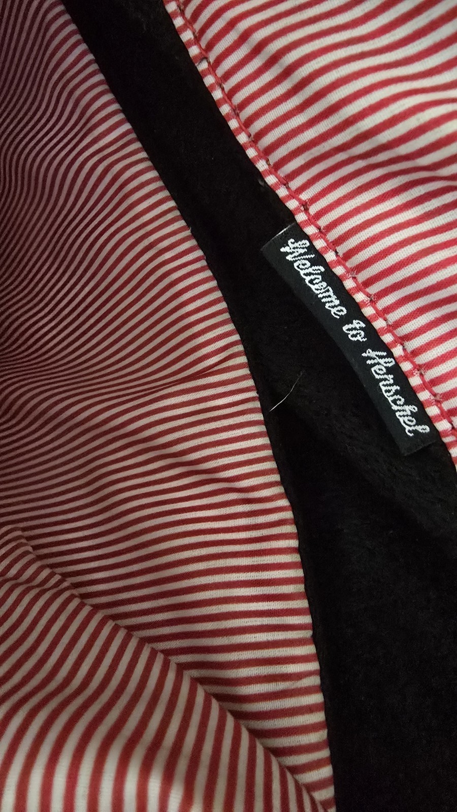 Herschel Backpack Black, Brown Straps, Red/White Striped Interior Large Flap Bag