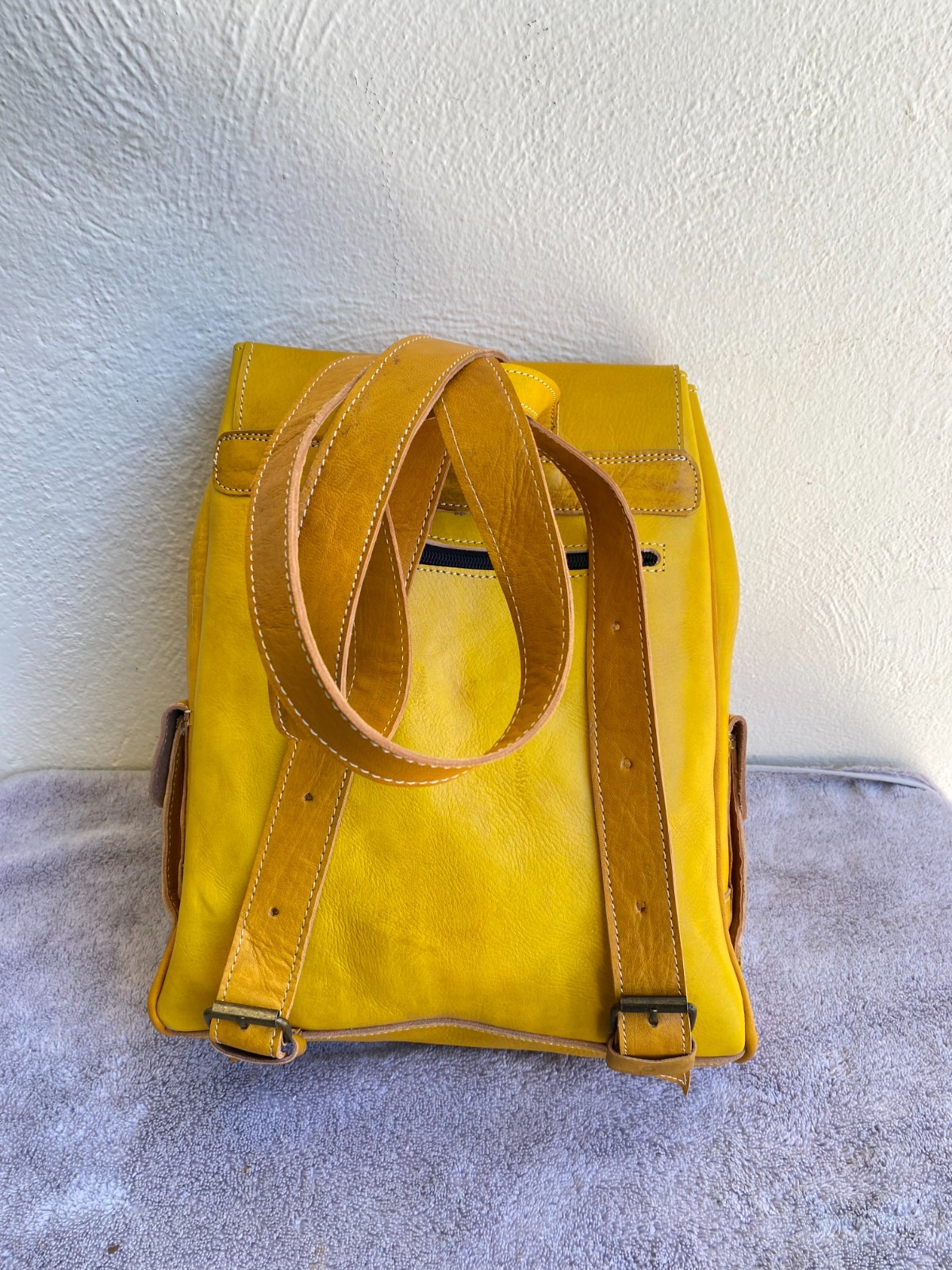 Yellow Leather Backpack Handmade Morocco Belt Buckle Front Back Pocket