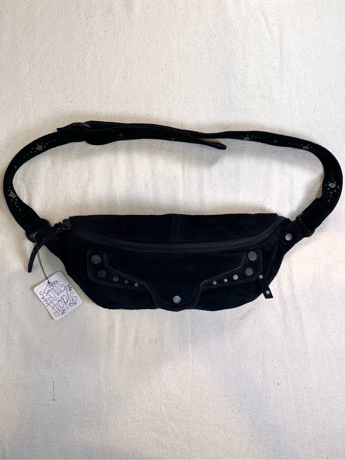 Black Free People Western Boho Studded Suede Waist Belt Bag Fanny Pack Crossbody