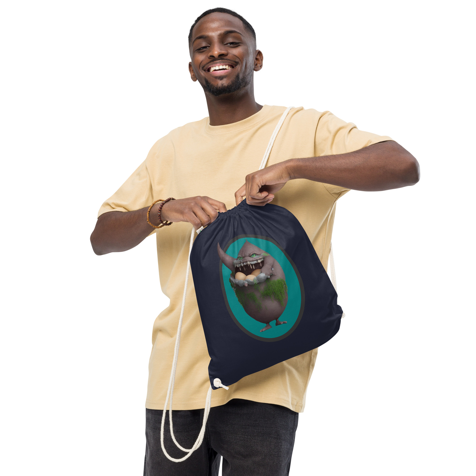 “Egg Goblin” Organic cotton drawstring bag Monster Cute Grotesque