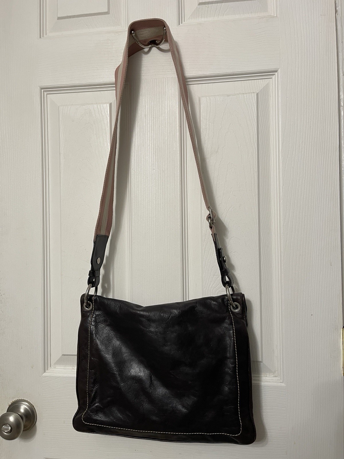 Bally Brown Leather Bag w/Rare Pink & Ivory Canvas Strap 10″ x 13″ Vintage