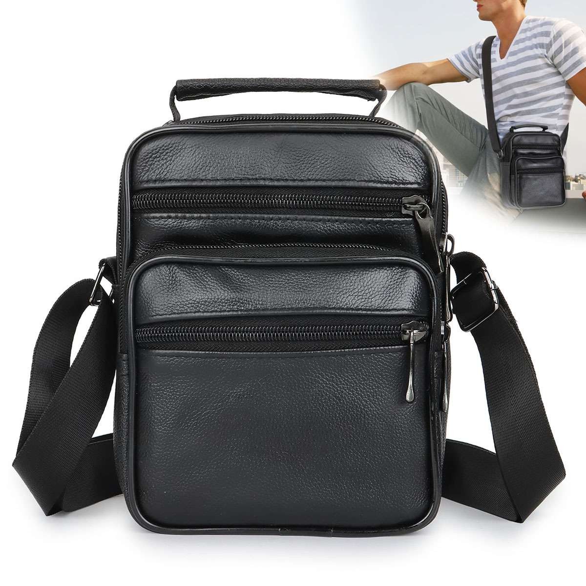 Men’s Genuine Leather Sling Bags Handbag Small Shoulder Bag Crossbody Travel Zip
