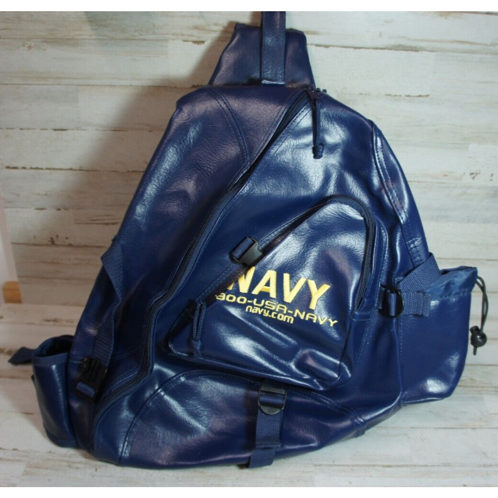 US Navy Single-Strap Sling Backpack – Blue – Faux Leather – Embroidered Text
