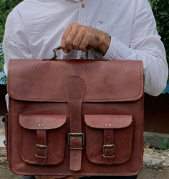18″ Men Brown Leather Laptop Briefcase Shoulder Messenger Crossbody Backpack Bag