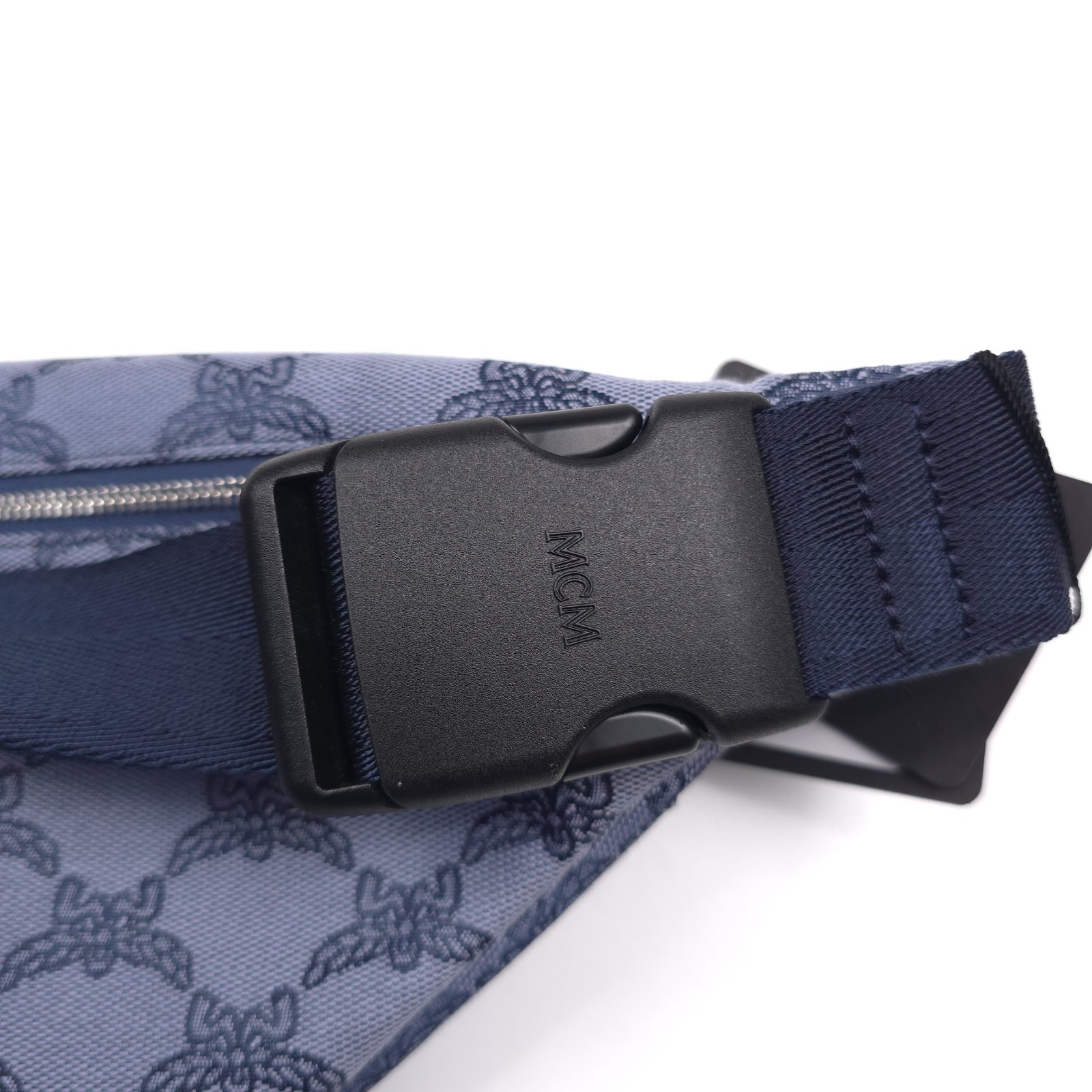 $650 MCM Himmel Lauretos Jacquard Fabric Belt Bag in Steel Blue Mens Authentic