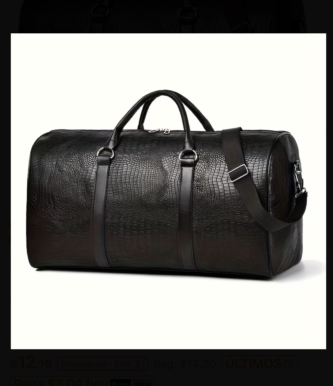 Large Men’s Black Crocodile Pattern Duffle Bag with Adjustable Strap