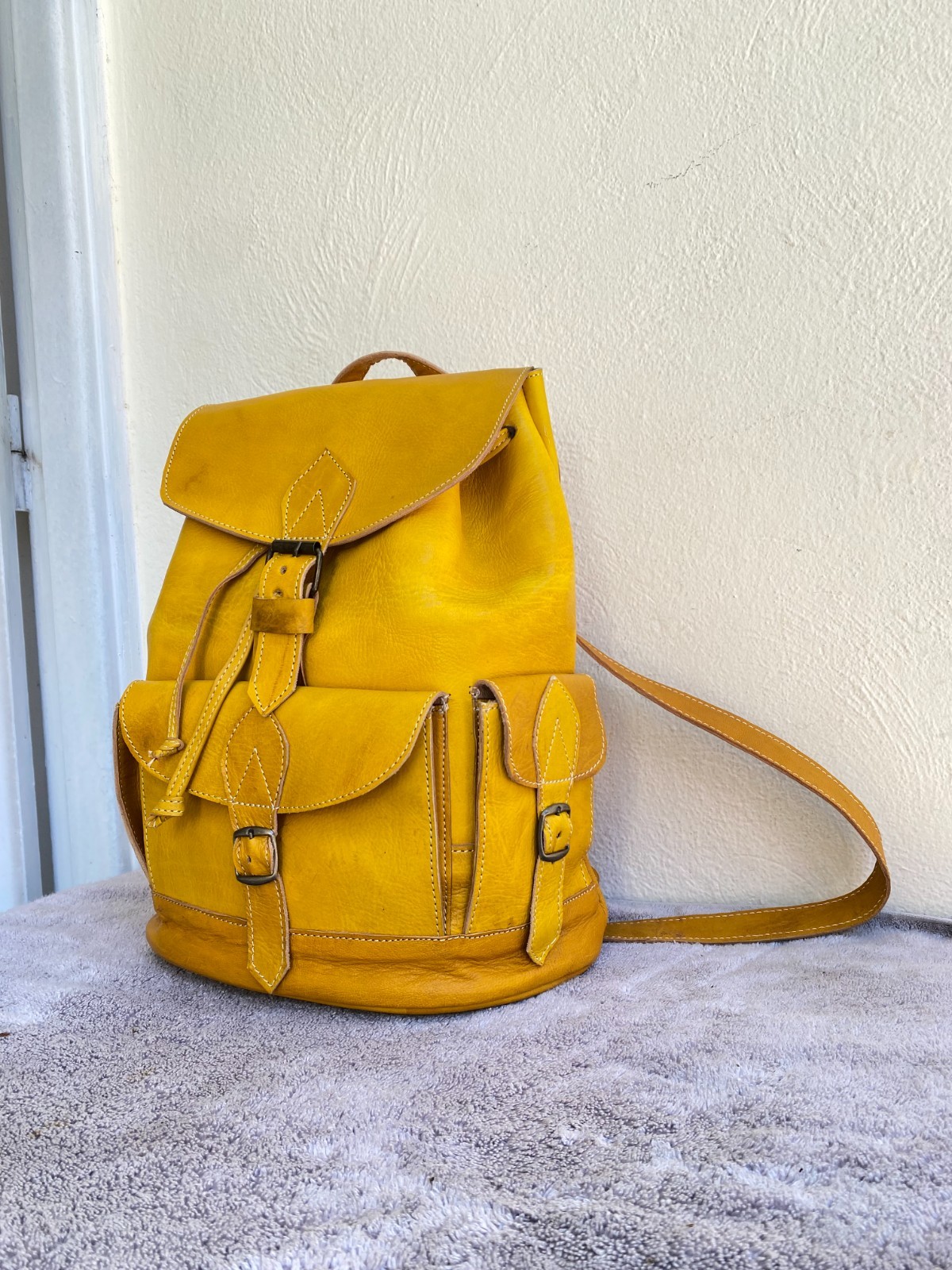 Yellow Leather Backpack Handmade Morocco Belt Buckle Front Back Pocket