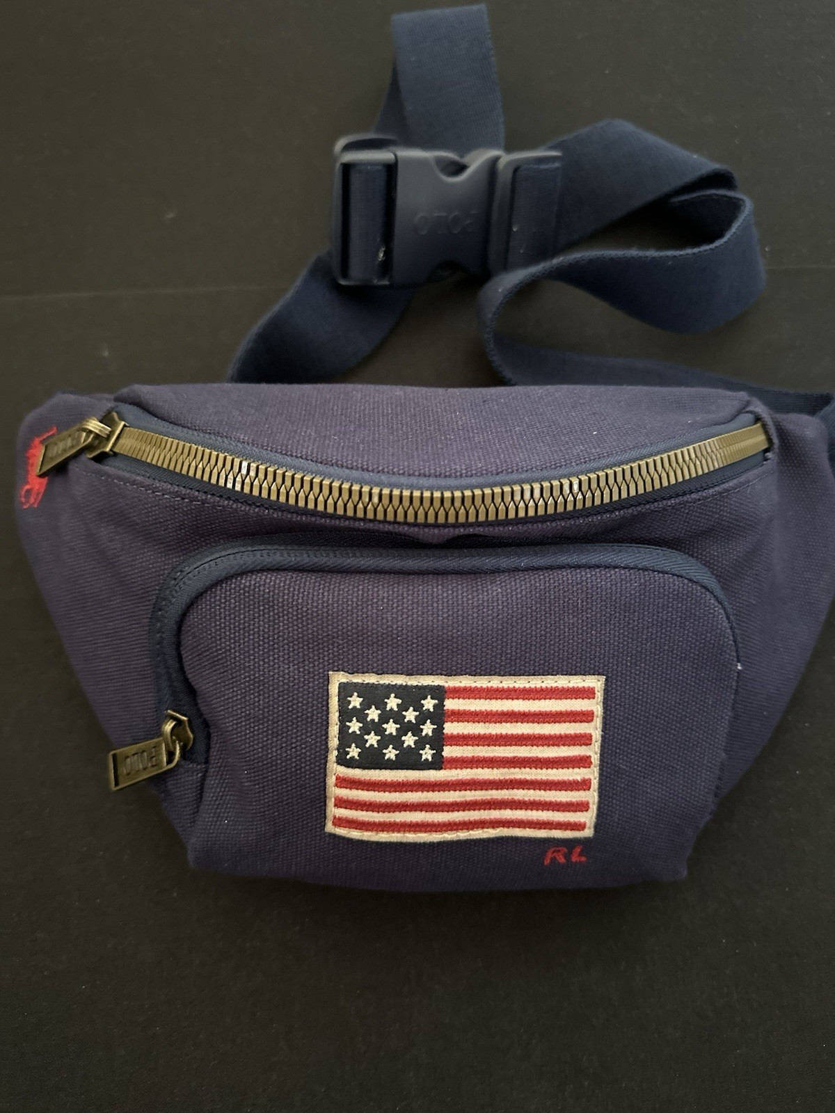 Polo Ralph Lauren Embroidered USA Flag Navy Canvas Waist Hip Fanny Pack NEW