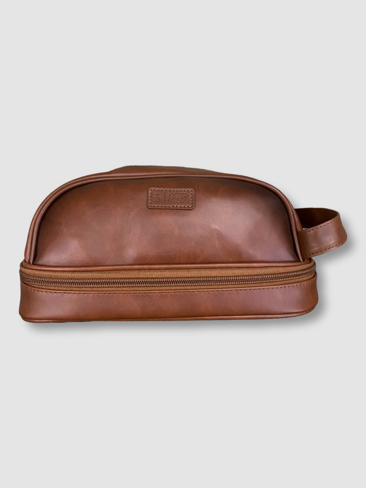 $50 Original Penguin Men Brown Fuax-Leather Distressed Zip Bottom Travel Kit Bag