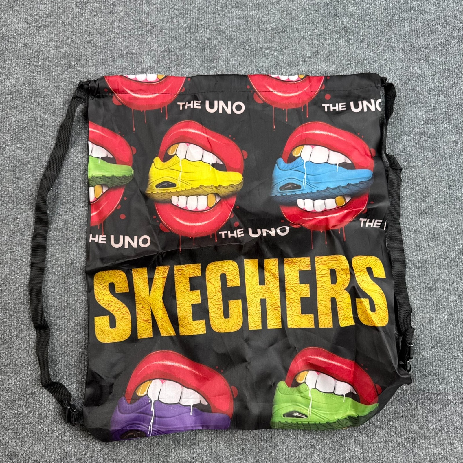 Skechers The Uno Drawstring Backpack Cinch Bag Black Graphic Collectible DAMAGE