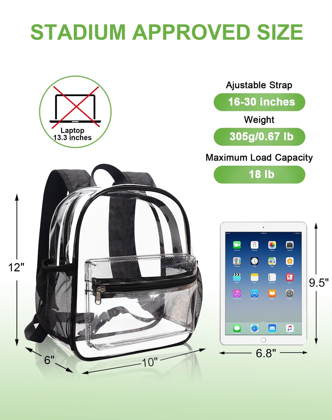 Clear Backpack for Stadium Events, 12x11x6 Inches Stadium Approved
