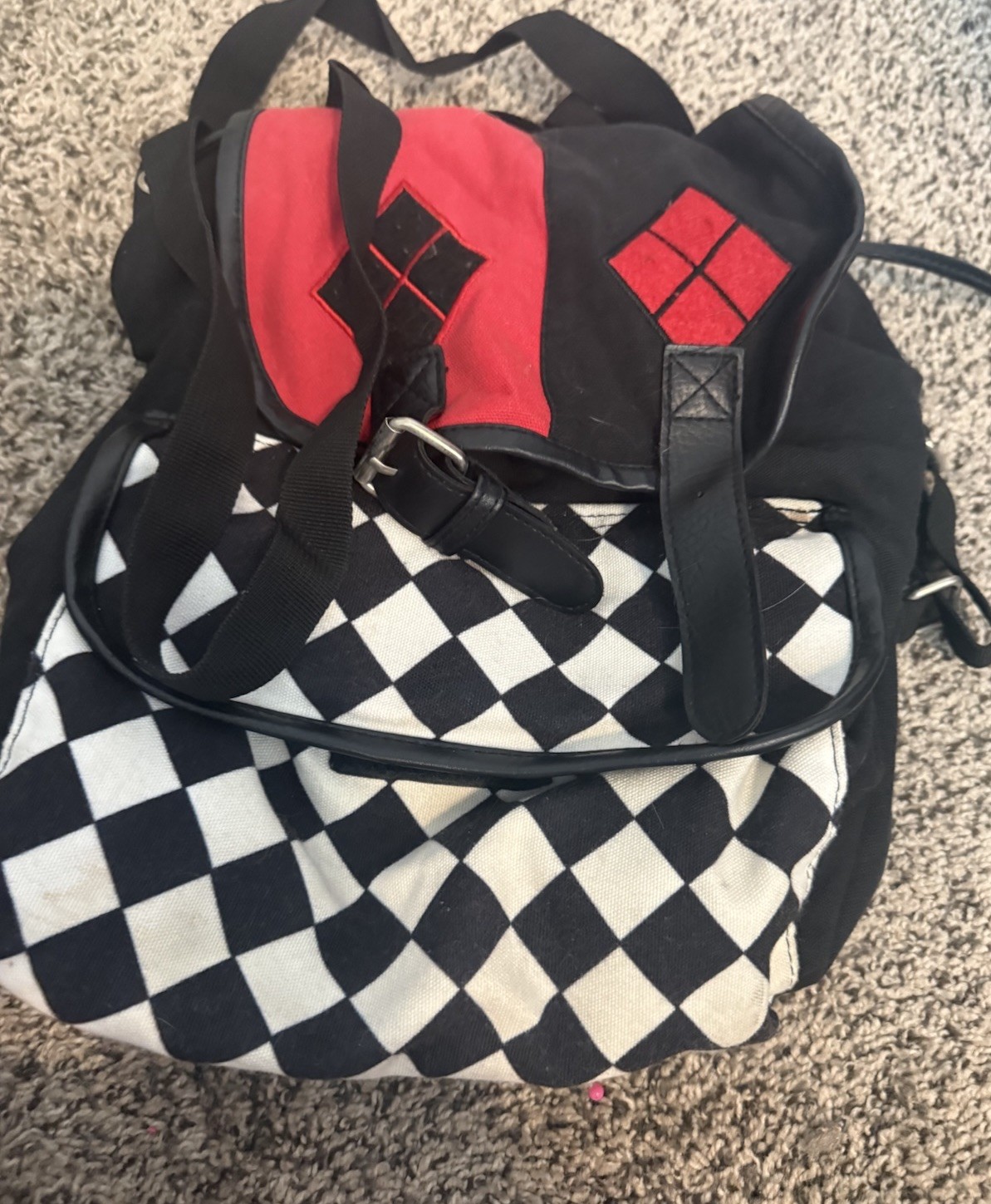 Harley Quinn Checkered Backpack Black Red Adjustable Strap Men’s Comics Casual