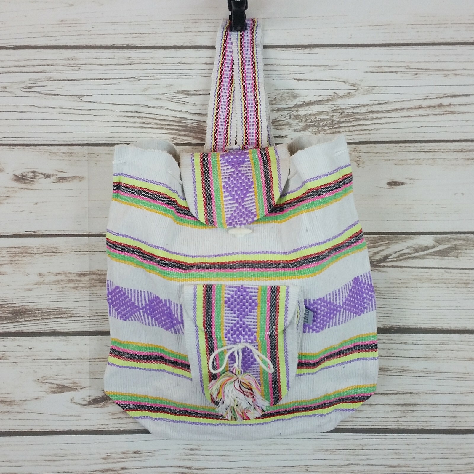 Mexican Backpack Handmade Bag Tote White/Multicolor Blanket Boho Hippie Morral