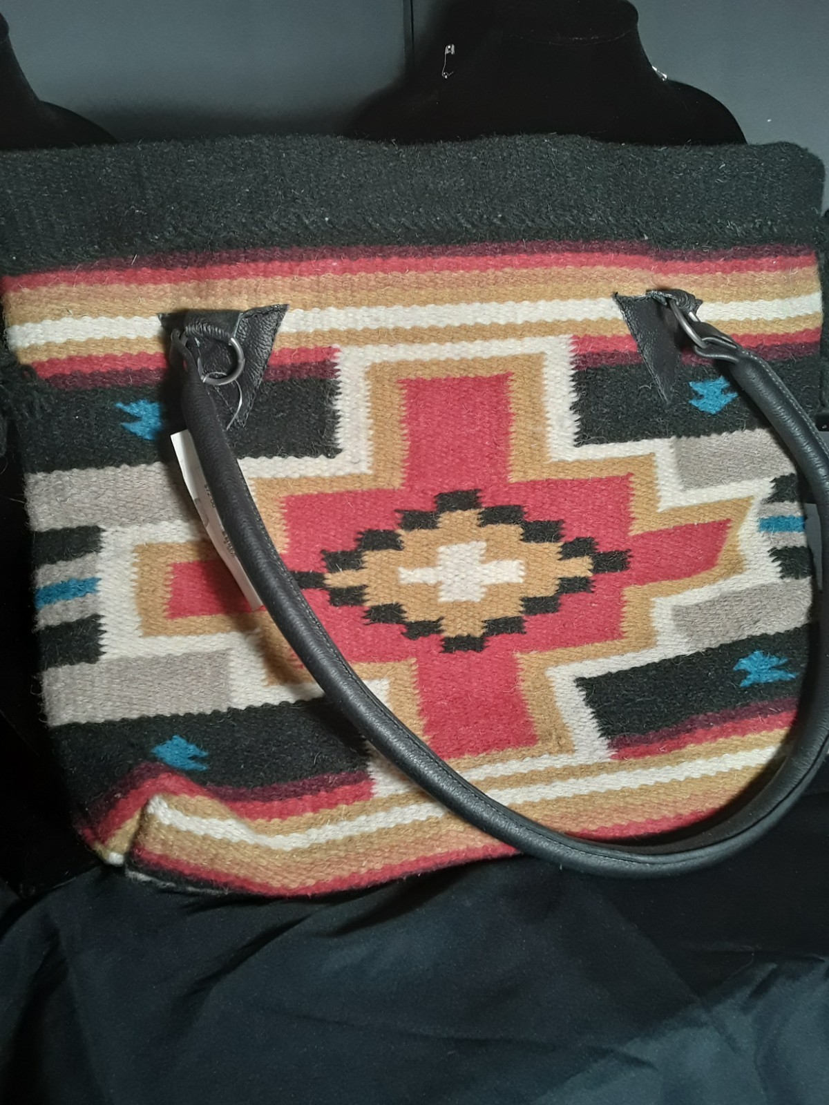 El Paso Saddle blanket Tote bag ,wool,Aztec design leather handle,awesome bag!