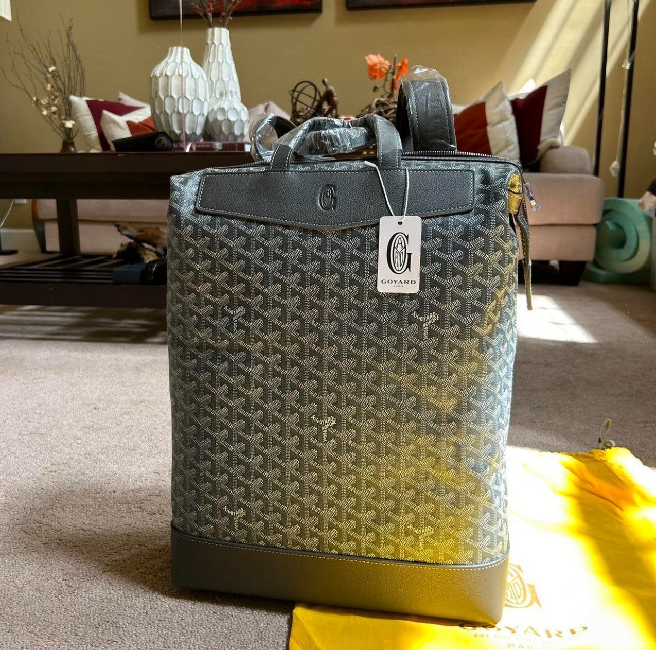 Goyard Green Leather Book Bag with Goyard Print and Zip Back