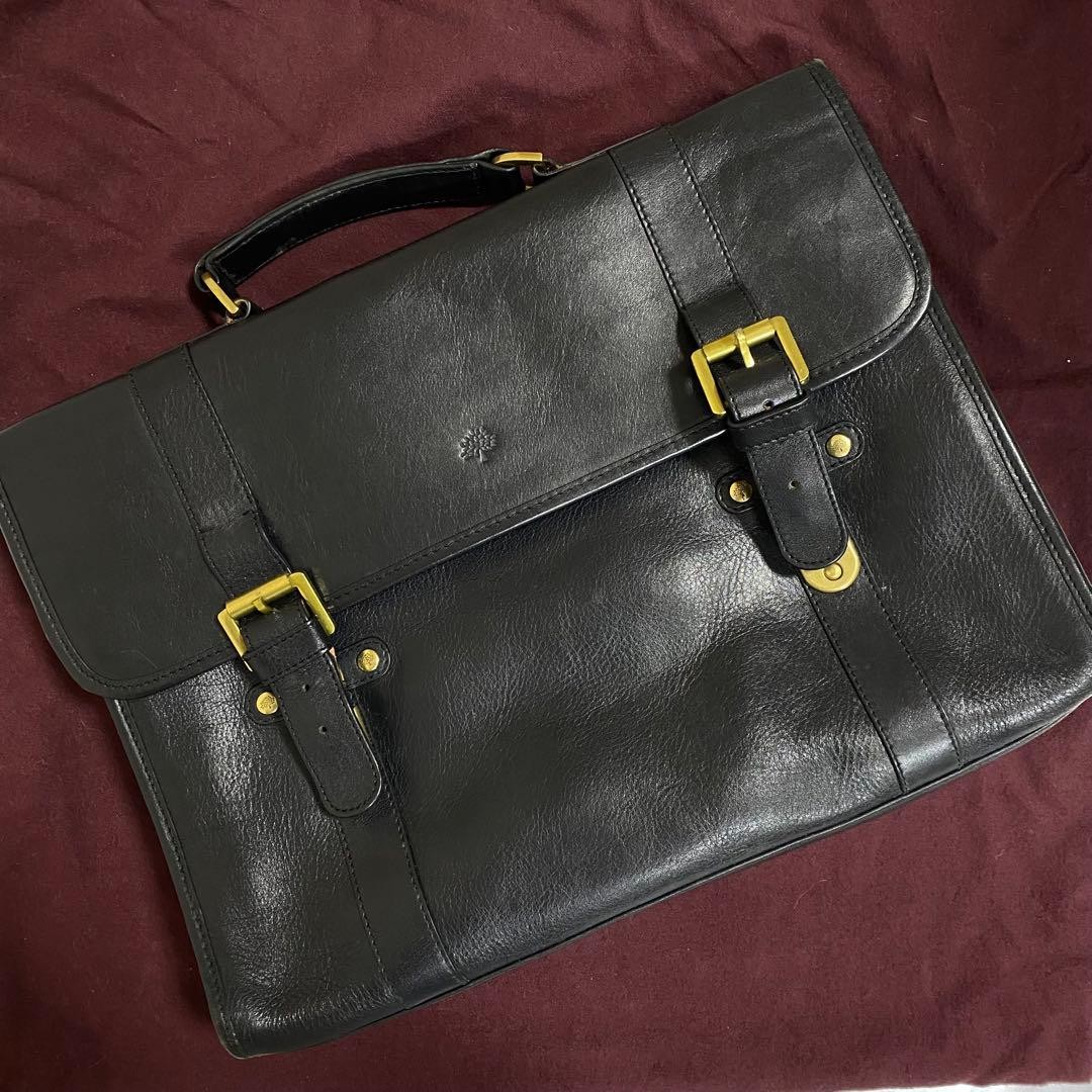 Mulberry Black Leather Briefcase Document Bag Business for Men Auth From Japan