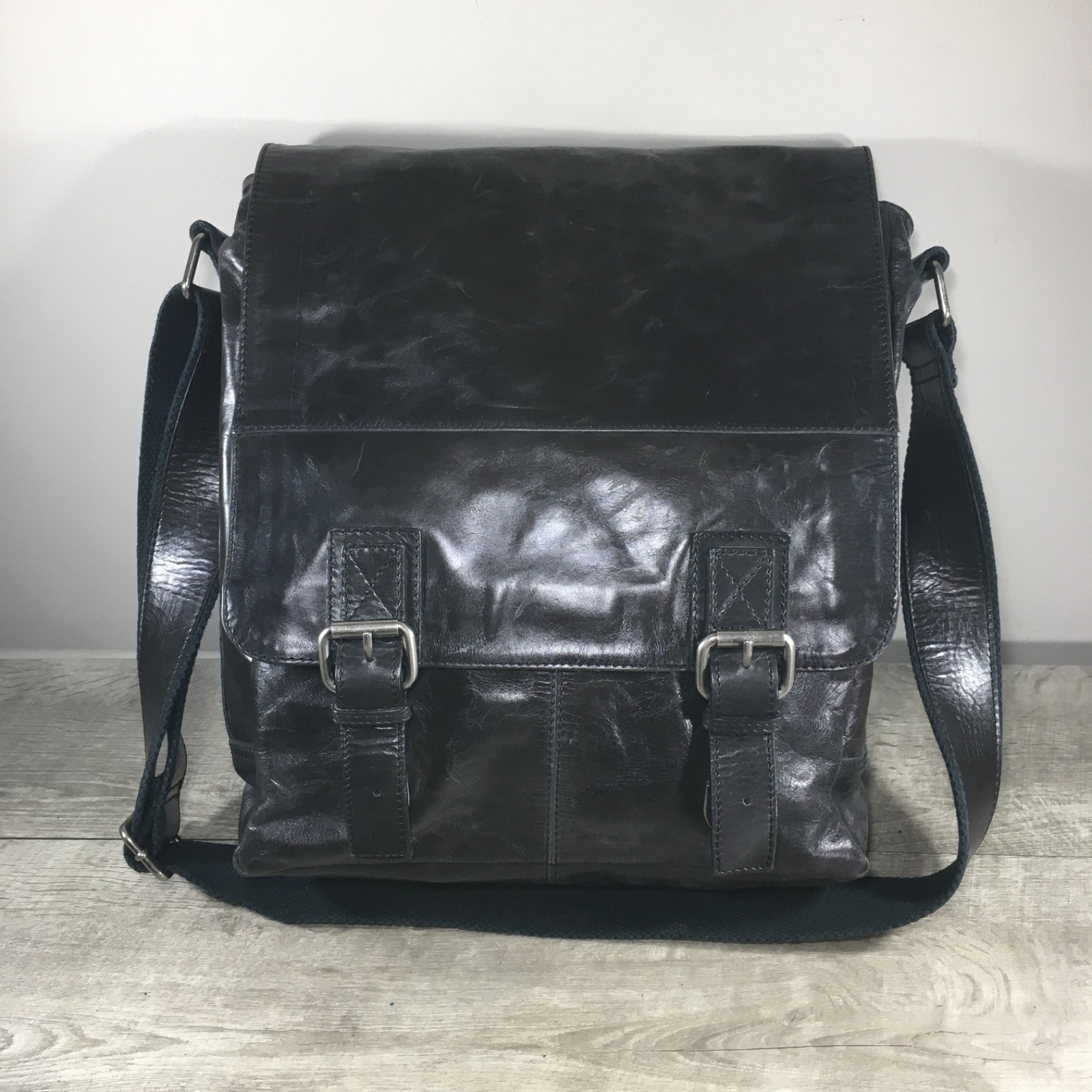 Fossil Transit Messenger Briefcase School Black Distressed Leather Shoulder Bag