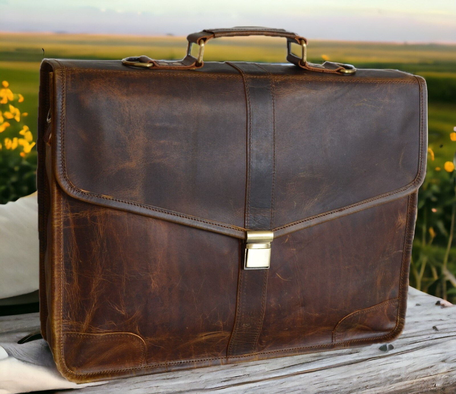 16 inch Laptop Leather Messenger Bag for Men Satchel Handmade Brown Briefcase