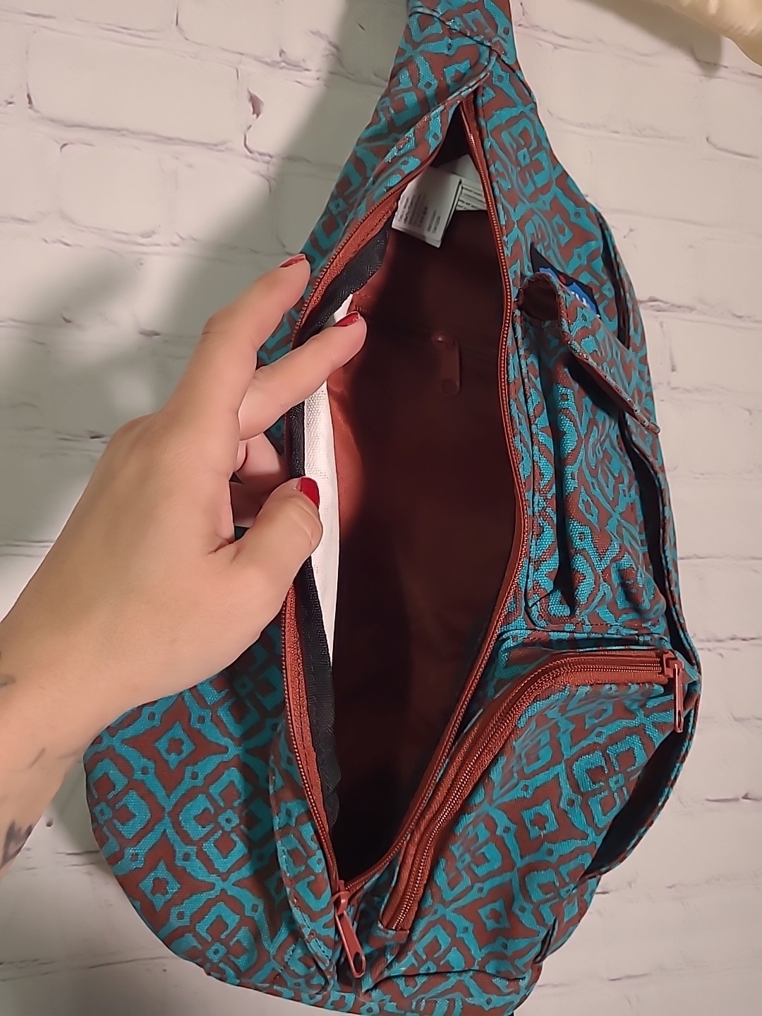 KAVU Rope Sling Bag Crossbody Desert Mosaic Backpack Teal Blue Brown Retired EUC